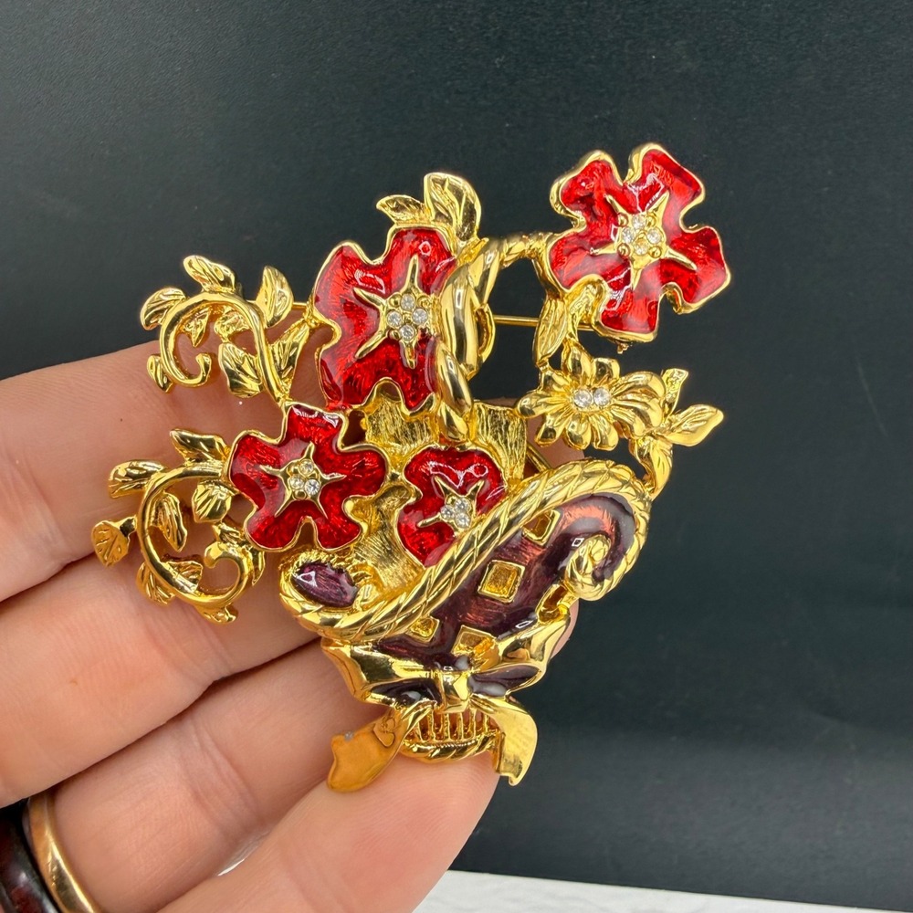 Vintage Bob Mackie Brooch Gold Red Flower Basket Enamel Rhinestone 2.75in